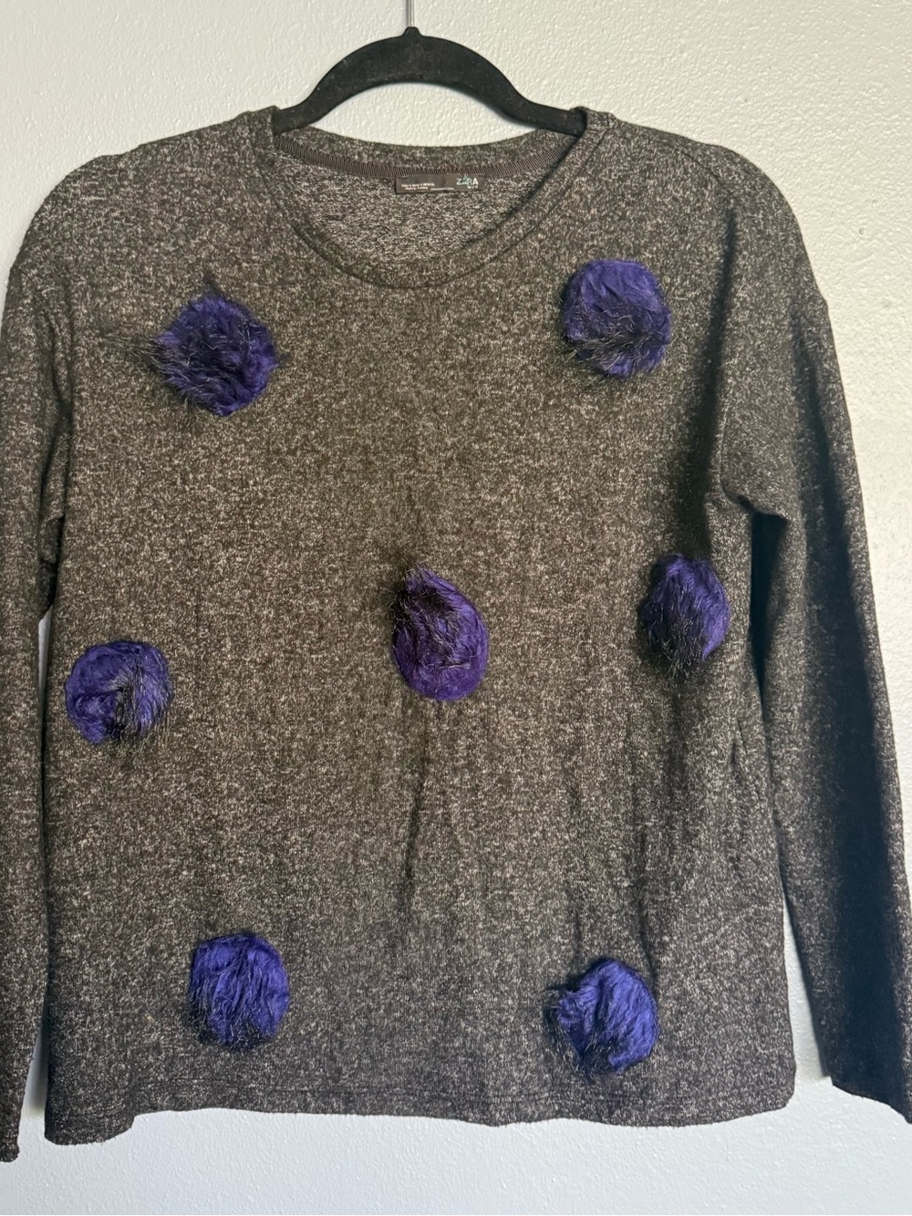 Zara Dark Gray Sweater with Purple Furry Pom Dots
